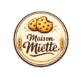 Logo maison miette représentant deux cookies dont un croqué avec deux epi de blé et le nom de la marque.