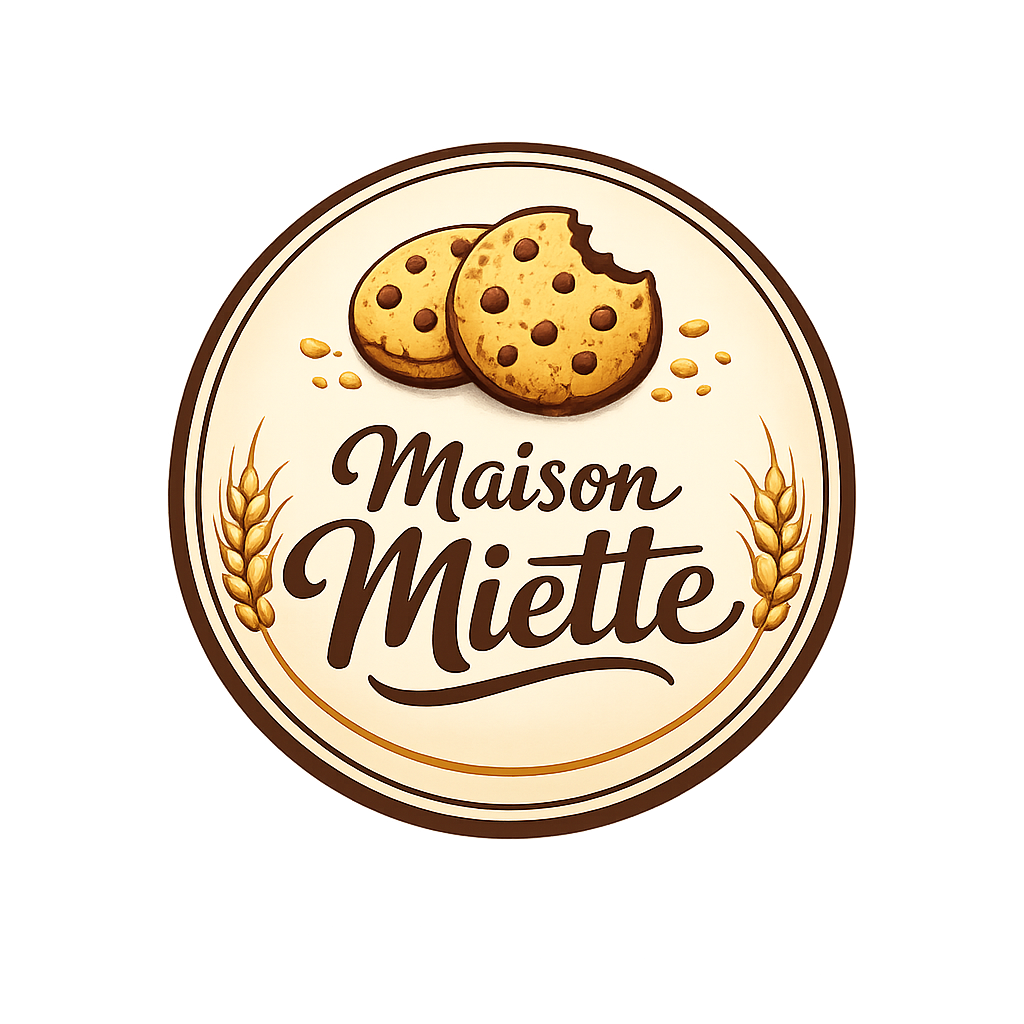 Logo maison miette représentant deux cookies dont un croqué avec deux epi de blé et le nom de la marque.