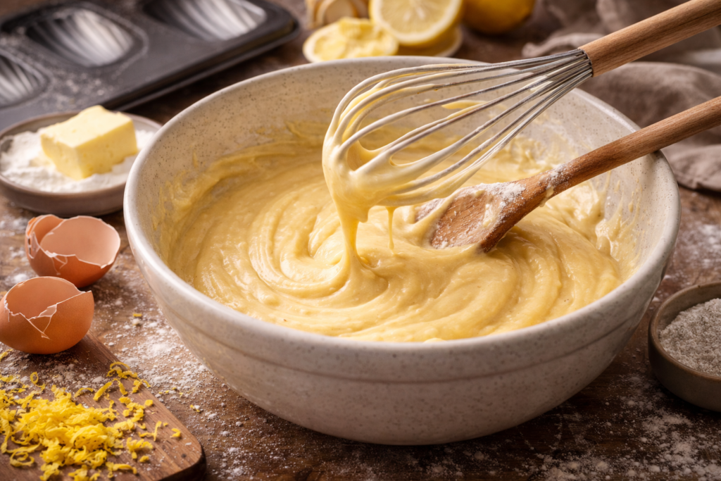 Les Madeleines artisanales Dorées de Mamie Jeanne – Notre Produit Phare Bowl avec la préparation des madeleines, fouet et cuillère en bois dans le bowl